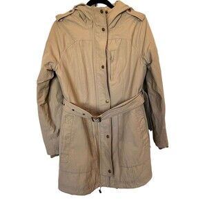 Pendleton Rain Coat Jacket with Hood Womens Tan belted size Small Dark Beige